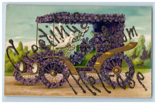 c1905 Flowers Antique Car Greetings from Melrose Glitter Embossed Postcard