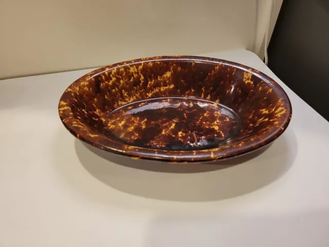 Antique Rockingham Glaze BENNINGTON Art POTTERY Oval Bowl BROWN Drip