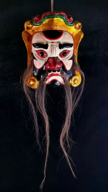 Carved Wood Japanese Noh Mask Bright Polychrome Hand Paint W Horsehair Moustache