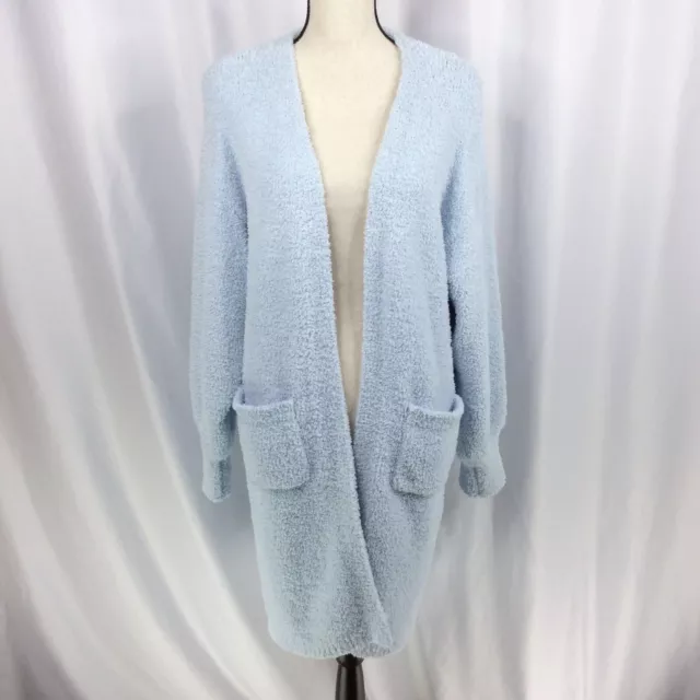 Duster Cardigan Sweater Womens Size 10 Powder Blue Fuzzy Fleece Pockets Long