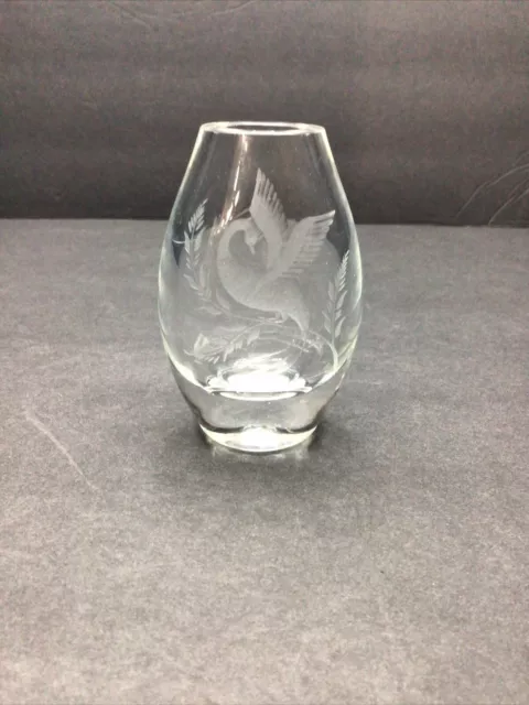 SIGNED Malmo Sweden Etched Art Glass Phoenix Vase