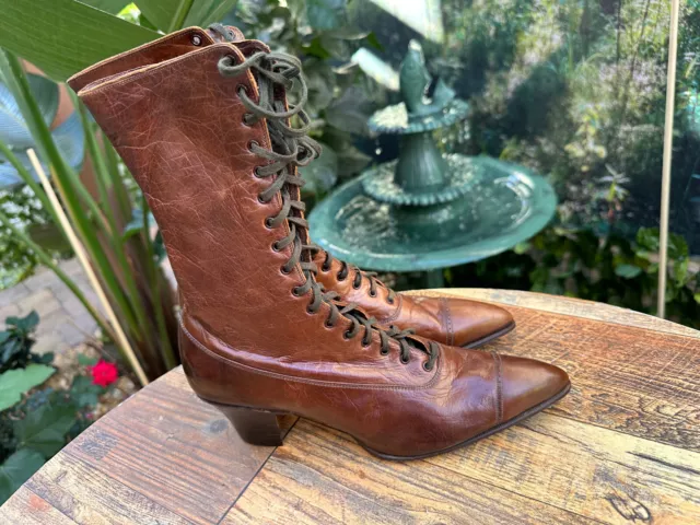 Antique Victorian Edwardian Women's Lace-up Brown Leather Boots