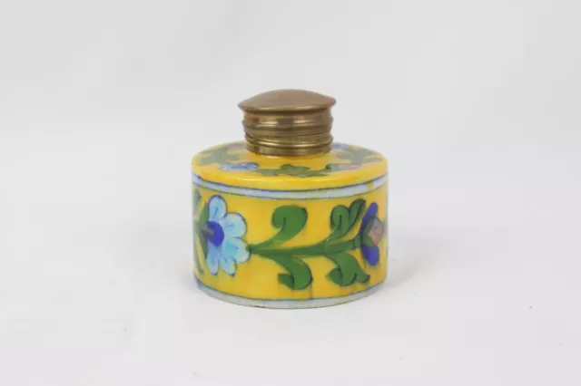 Old Hand-Painted Blue Pottery Ceramic Ink Pot Floral Art - Brass Cap Collectible 2