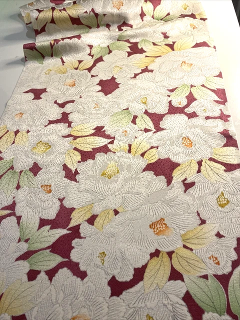 Vintage Japanese Kimono Silk Fabric, Crimson Peony Rinzu Long Panel 170cm