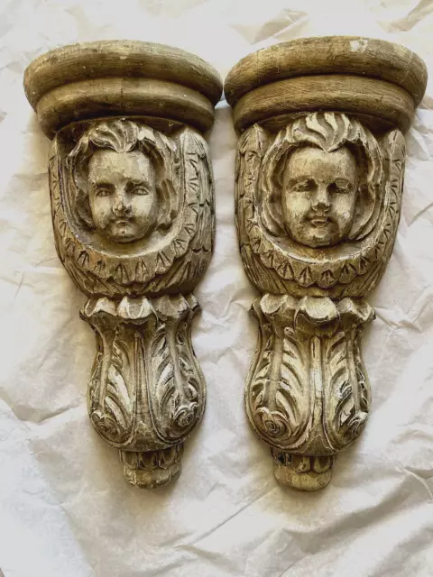 ANTIQUE CARVED WOODEN ANGEL CHERUB WALL SHELF Architectural Baroque Corbel #1949