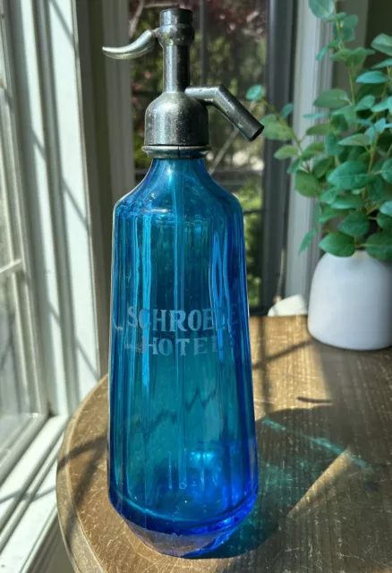 Vintage SCHROEDER HOTEL Milwaukee Blue Multi Facet Glass Seltzer Bottle Czech