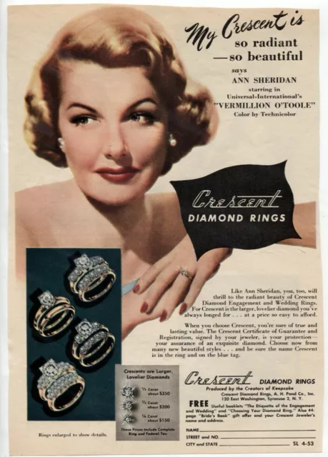 Crescent Diamond Rings Vtg 1953 AD Ann Sheridan Movie Star Magazine Ad