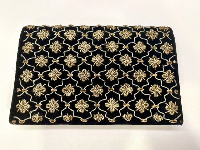 VTG Black Velvet Gold Tone Embroidered Zardozi Evening Cocktail Purse 1930s 40s