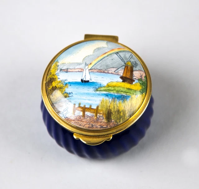 Staffordshire Enamels Windmill Sailboat on a Lake Enamel Trinket Box England