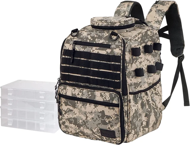 38L Large Waterproof Fishing Tackle Backpack With 3 Rod Holders 4 Tackle Boxes