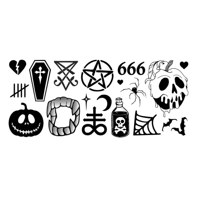 19 X Witch craft Temporary Tattoo Lasts 1 week Halloween fangs poison apple 666