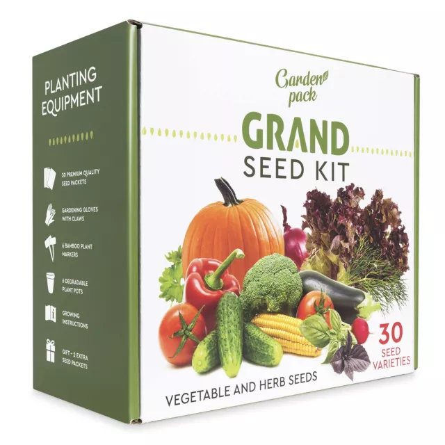 Grand Seed Growing Kit - 30 Vegetable Seeds Varieties - Gloves with Claws 6 B...