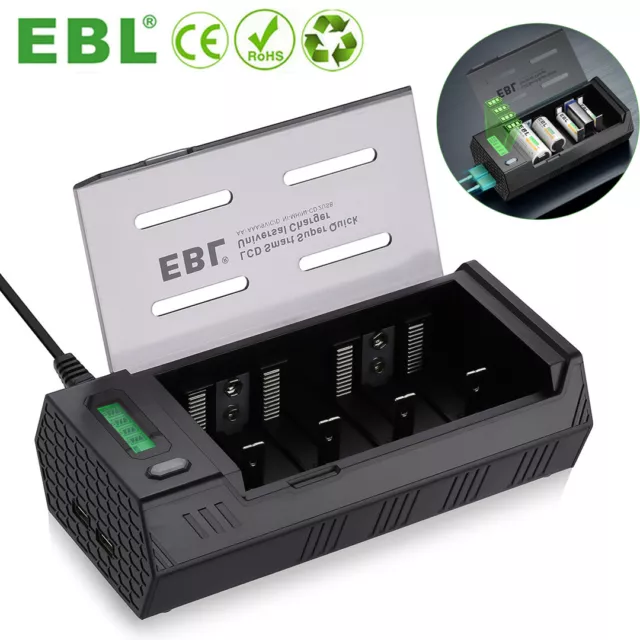EBL LCD Batterie Ladegerät für AA/AAA/C/D/9V NI-MH NI-CD Akku LCD LED Anzeige DE