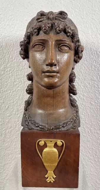 Antique Carved Wood Head Young Woman Figure 18th Century French Greco-Roman Lady