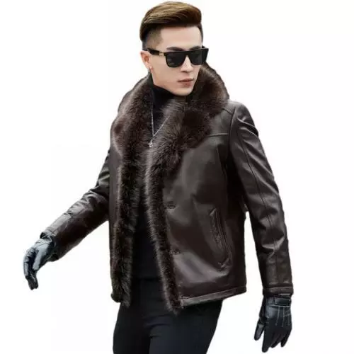 Mens Real Leather Fur Collar Jacket Thick Winter Fur Coat Single Breasted 6XL L