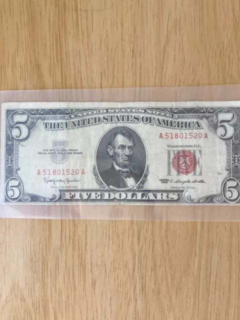 1963 $5 Dollar U.S. Note Red Seal AU Condition Sealed.
