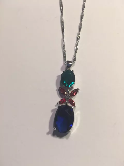 Sapphire Quartz & Garnet & Green Topaz Gemstone SILVER Necklace-N1403