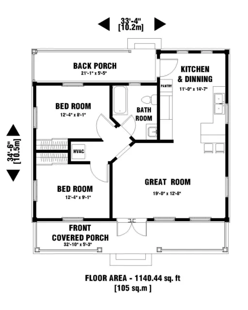 Planos personalizados de la casa de la abuela de 2 dormitorios y 1 baño con archivos CAD originales 2