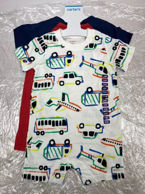 New Carters Baby Boys 24 Months Snap On Romper White W/ Vehicles Red 2 Pack AM33