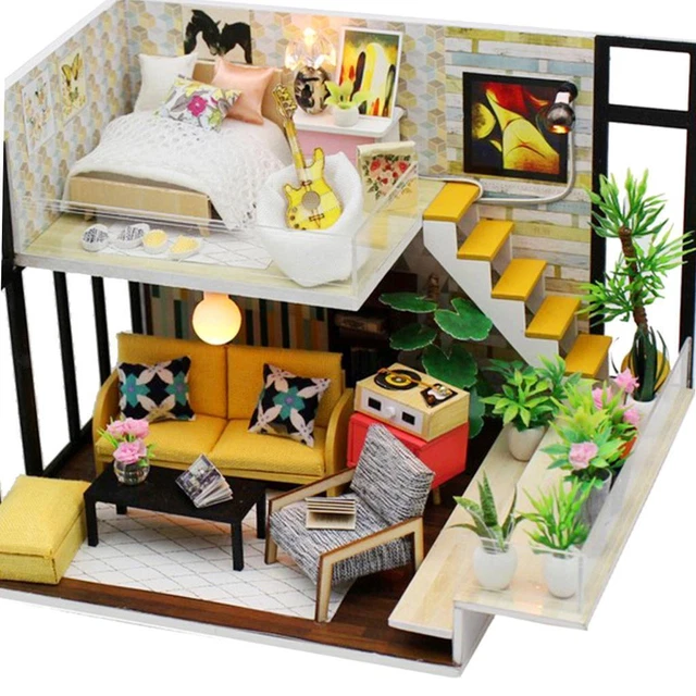 DIY Loft Apartments Dollhouse Wooden Furniture LED Kit Children Puzzle Toy