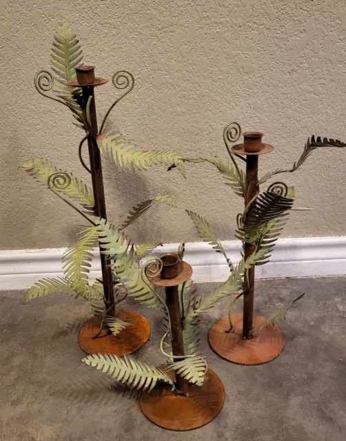 Set of 3 Gorgeous Cast Iron Metal 10"-18" GREEN FERN Plants candlestick Holders