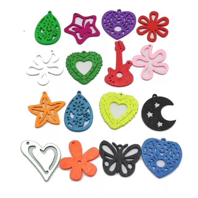 100 Assorted Bright Color Wood Cut-Out Charms Wooden Pendants