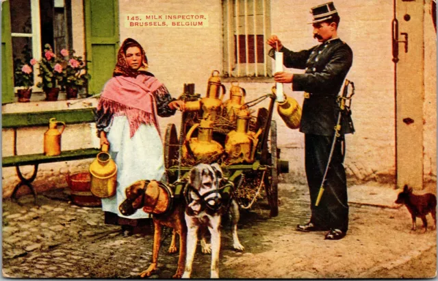 Vtg Brussels Belgium Dogs Harness Pulling Milk Cart Inspector 1910s Postcard