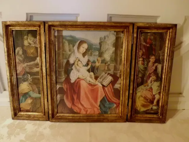 Lg Triptych of Virgin Mary and Christ Child Picture on Wood Plaque Italy 15"H