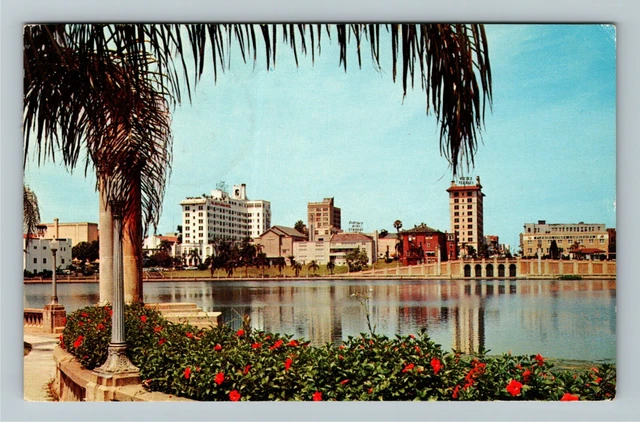 Skyline Lakeland FL- Florida, Lake Mirror, Hotels, Palm, c1964 Vintage Postcard