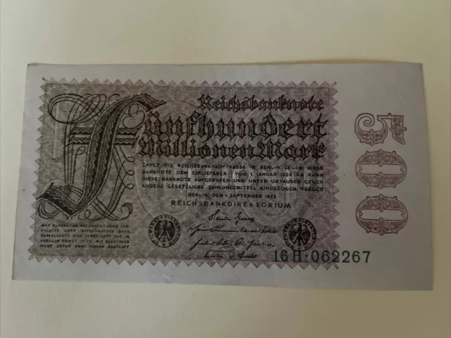 Reichsbanknote Fünfhundert Millionen Mark ab September 1923 gültig