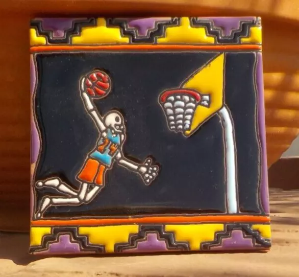 DAY OF THE DEAD MAN PLAYING BASKETBALL RED CLAY TILE 4 IN x 4 IN TALAVERA MEXICO