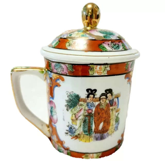 Chinese Tea Cup Hand Painted Red 3 Women Floral Gold Trim with Lid Collectible