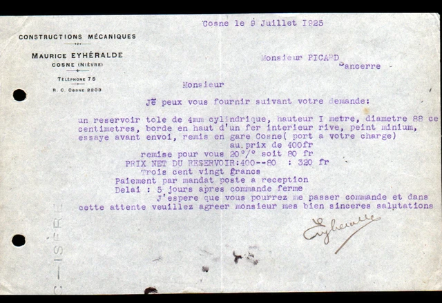 "COSNE-sur-LOIRE (58) BUILDER / RESERVOIRS "Maurice EYHERALDE" in 1925