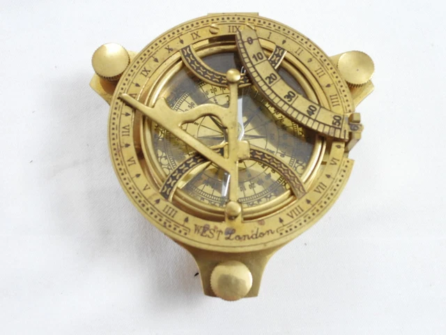 3" Brass Sundial Compass Marine Boat Gift Pocket Sun Dial In Wooden Box