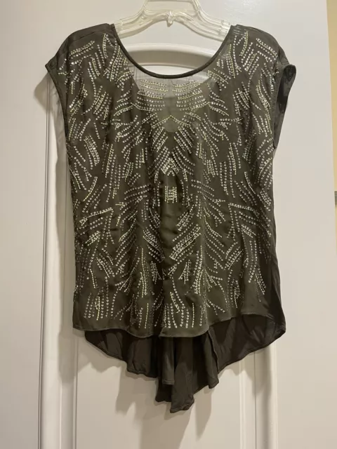Willow & Clay Anthropologie Beaded Sheer Top Olive Green Silver Sequins Lime S