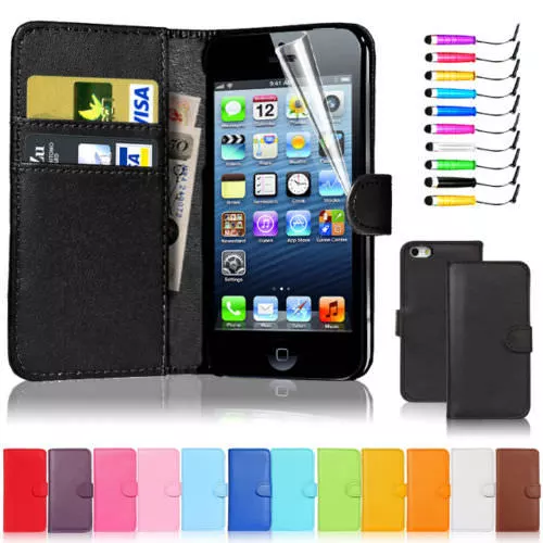 Real Genuine Leather Luxury Wallet Case Flip Cover New - For Apple iPhone Models