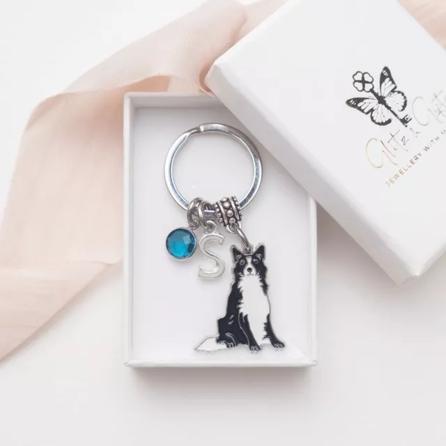 Border collie keyring sheep dog keychain personalised gifts birthstone initial