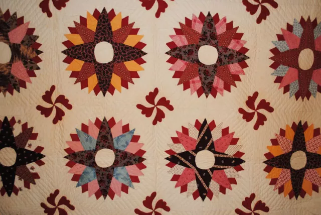 ANTIQUE QUILT c1870's SUNBURST PATCHWORK + APPLIQUED 93" x 72" QUILTED 2