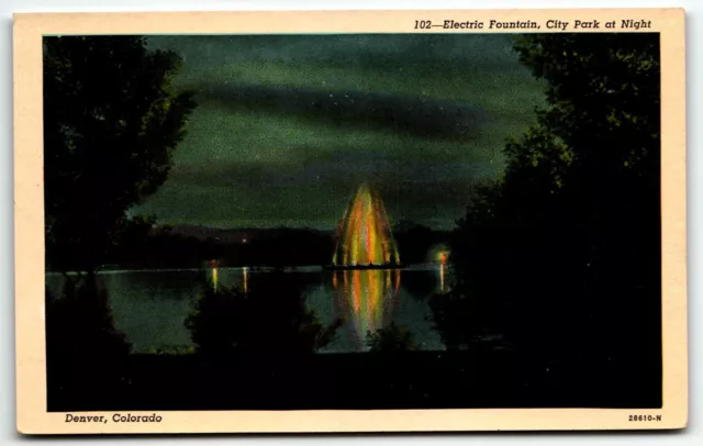 Electric Fountain in City Park at Night Linen Postcard Denver Colorado CO UNP