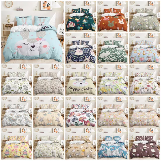 Happy Easter Heart Rabbit Floral Leaves Balloon Doona Duvet Quilt Cover Bed Set