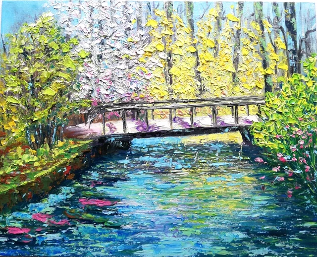 NATUR LANDSCHAFT ORIGINAL Ölgemälde,Brücke über den Teich.Ohne Rahmen