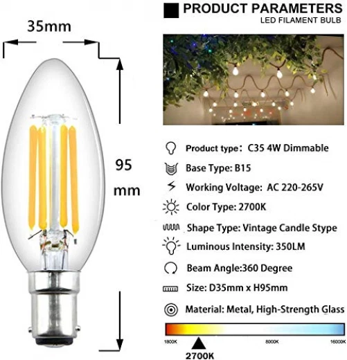 Luxvista 4W B15d Filament LED Kerze Glühbirne C35 5er-Pack B15 dimmbar 4