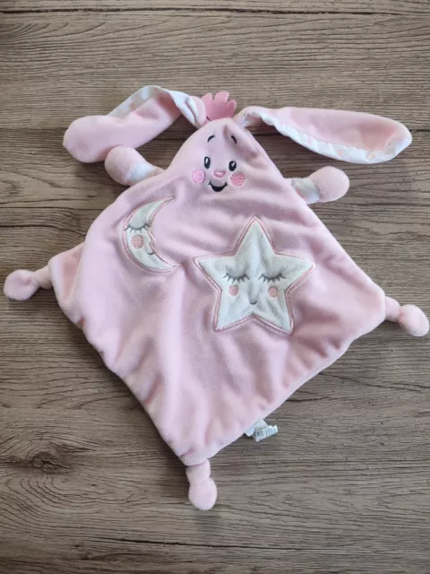 Doudou Plat Auchan Lapin Rose Blanc Lune Etoile etat Neuf