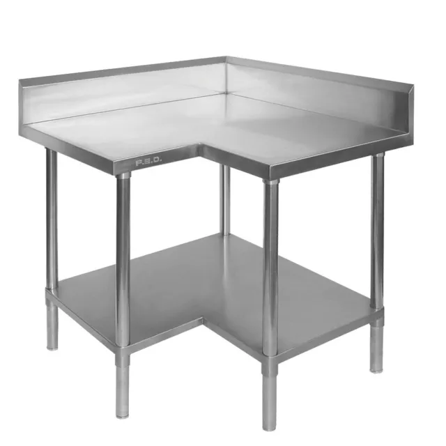 Stainless Steel Corner Work Bench Prep Table w/ Splashback and Solid Undershelf