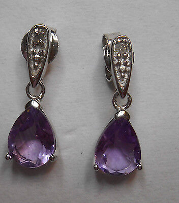 Estate~1.70 cts Amethyst & Diamond Accent 925 Sterling Silver Dangle Earrings