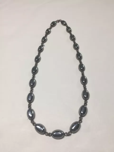 Vtg 80s Hematite 5/8” Oval Cabochon Disc Necklace Sterling Frame Hallmarks 18”