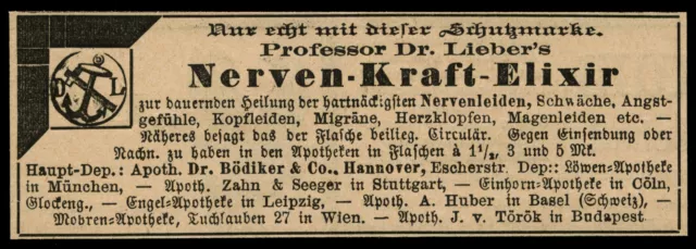 Alte Reklame Werbung 1887 Professor Dr. Lieber´s Nerven-Kraft-Elixir