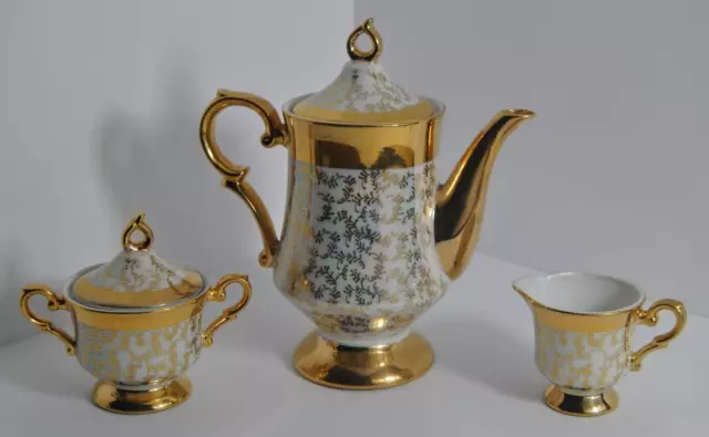 Vintage Royal Crown 1700 Hand Painted Three Piece Tea Set Gold Trim