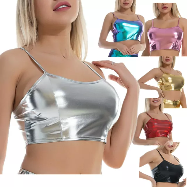 Women Shiny Metallic Wetlook Crop Top Leather Vest Tank Cami Dancewear Party Top