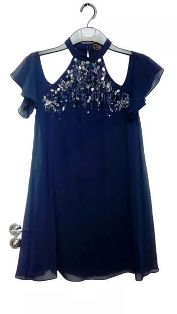 NEXT Lipsy Navy Embellished Chiffon bardot choker party Dress Size 10